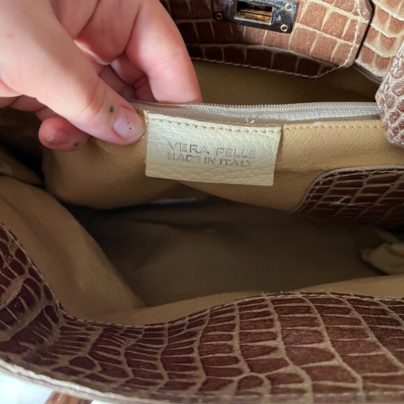 Vintage Vera Pelle Leather Belted Strap & Lock Closure Croc Style Large Bag - Picture 7 of 7